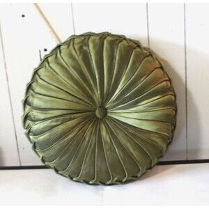 Pintuck Pleated Throw Pillow Satin Taffeta Round Dark Avocado Green 13" Borgata